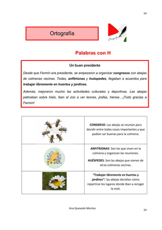 14 

                                         



                 Ortografía


                                  Palabras con H

                              Un buen presidente
Desde que Fermín era presidente, se empezaron a organizar congresos con abejas
de colmenas vecinas. Todas, anfitrionas y huéspedes, llegaban a acuerdos para
trabajar libremente en huertos y jardines.

Además, mejoraron mucho las actividades culturales y deportivas. Las abejas
patinaban sobre hielo, iban al zoo a ver leones, jirafas, hienas…¡Todo gracias a
Fermín!

                                         

     
                                              CONGRESO: Las abejas se reunían para 
                                            decidir entre todas cosas importantes y que 
                                                podían ser buenas para la colmena.  



                                               ANFITRIONAS: Son las que viven en la 
                                                colmena y organizan las reuniones. 

                                             HUÉSPEDES: Son las abejas que vienen de 
                                                    otras colmenas vecinas. 

                                                 “Trabajar libremente en huertos y 
                                                jardines”: las abejas decidían cómo 
                                             repartirse los lugares donde iban a recoger 
                                                                la miel. 

 


                              Ana Quevedo Montes 
                                                                                       14
                                         
 