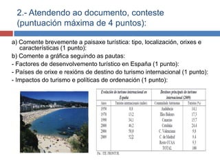 2.- Atendendo ao documento, conteste
(puntuación máxima de 4 puntos):
a) Comente brevemente a paisaxe turística: tipo, localización, orixes e
características (1 punto):
b) Comente a gráfica seguindo as pautas:
- Factores de desenvolvemento turístico en España (1 punto):
- Países de orixe e rexións de destino do turismo internacional (1 punto):
- Impactos do turismo e políticas de ordenación (1 punto):
 