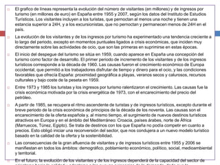  El grafico de líneas representa la evolución del número de visitantes (en millones) y de ingresos por
turismo (en millones de euro) en España entre 1955 y 2007, según los datos del Instituto de Estudios
Turísticos. Los visitantes incluyen a los turistas, que pernoctan al menos una noche y tienen una
estancia superior a 24H, y a los excursionistas, que no pernoctan y permanecen menos de 24H en el
país.
 La evolución de los visitantes y de los ingresos por turismo ha experimentado una tendencia creciente a
lo largo del periodo, excepto en momentos puntuales ligados a crisis económicas, que inciden muy
directamente sobre las actividades de ocio, que son las primeras en suprimirse en estas épocas.
 El inicio del despegue del turismo se sitúa en 1959, cuando aparece en España una concepción del
turismo como factor de desarrollo. El primer periodo de incremento de los visitantes y de los ingresos
turísticos corresponde a la década de 1960. Las causas fueron el crecimiento económico de Europa
occidental, que permitió a los trabajadores disfrutar de tiempo y dinero para el ocio, y las condiciones
favorables que ofrecía España: proximidad geográfica a playas, veranos secos y calurosos, recursos
culturales y bajo coste de la peseta en 1959.
 Entre 1973 y 1985 los turistas y los ingresos por turismo ralentizaron el crecimiento. Las causas fue la
crisis económica motivada por la crisis energética de 1973, con el encarecimiento del precio del
petróleo.
 A partir de 1985, se recupera el ritmo ascendente de turistas y de ingresos turísticos, excepto durante el
breve periodo de la crisis económica de principios de la década de los noventa. Las causas son el
encarecimiento de la oferta española y, al mismo tiempo, el surgimiento de nuevos destinos turísticos
atractivos en Europa y en el ámbito del Mediterráneo: Croacia, países árabes, norte de África
(Marruecos, Túnez, Egipto). Se trata de destinos con los que España no podía competir en cuanto a
precios. Esto obligó iniciar una reconversión del sector, que nos condujera a un nuevo modelo turístico
basado en la calidad de la oferta y la sostenibilidad.
 Las consecuencias de la gran afluencia de visitantes y de ingresos turísticos entre 1955 y 2006 se
manifiestan en todos los ámbitos: demográfico, poblamiento económico, político, social, medioambiental
y territorial.
 En el futuro, la evolución de los visitantes y de los ingresos dependerá de la capacidad del sector de
 