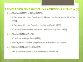 3. LEXISLACIÓN FUNDAMENTAL NA ATENCIÓN Á INFANCIA (II)


LEXISLACIÓN INTERNACIONAL:


I Declaración dos Dereitos do Neno (Sociedade de Nacións,
1924).






II Declaración dos Dereitos do Neno (ONU, 1959).
Convención sobre os Dereitos da Infancia (ONU, 1989).

LEXISLACIÓN ESTATAL:





Constitución Española (1978).
Lei Orgánica 1/1996 de protección xurídica do menor.

LEXISLACIÓN AUTONÓMICA:


Lei 3/2011de apoio á familia e á convivencia*.

 