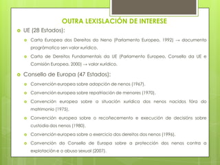 OUTRA LEXISLACIÓN DE INTERESE


UE (28 Estados):


Carta Europea dos Dereitos do Neno (Parlamento Europeo, 1992) → documento
prográmatico sen valor xurídico.



Carta de Dereitos Fundamentais da UE (Parlamento Europeo, Consello da UE e
Comisión Europea, 2000) → valor xurídico.



Consello de Europa (47 Estados):


Convención europea sobre adopción de nenos (1967).



Convención europea sobre repatriación de menores (1970).



Convención europea sobre a situación xurídica dos nenos nacidos fóra do
matrimonio (1975).



Convención europea sobre o recoñecemento e execución de decisións sobre
custodia dos nenos (1980).



Convención europea sobre o exercicio dos dereitos dos nenos (1996).



Convención do Consello de Europa sobre a protección dos nenos contra a
explotación e o abuso sexual (2007).

 
