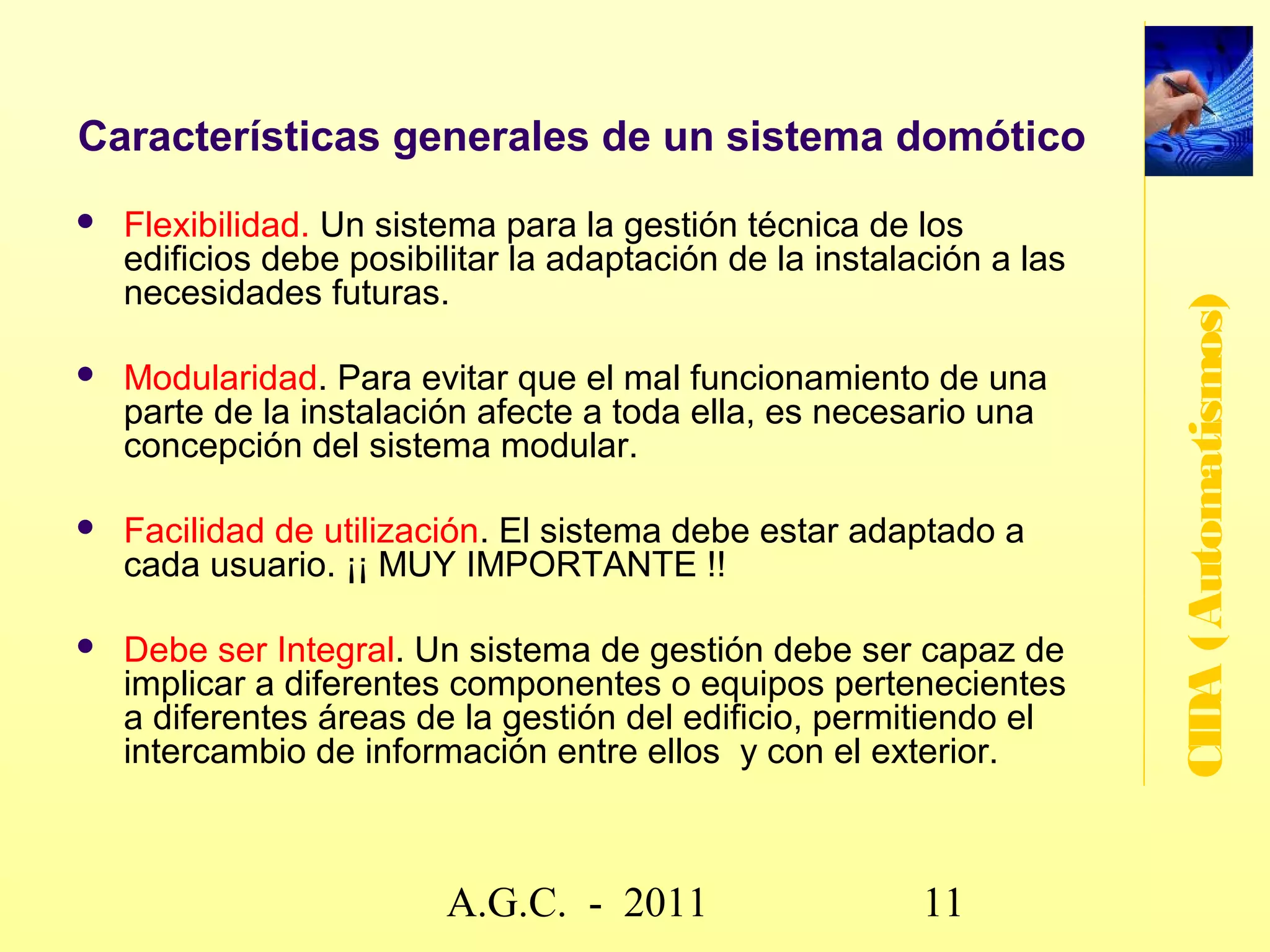Automatización - terminología
   Automatismo: Máquina o sistema capaz de cumplir funciones de
    mando, regulación y control sin que medien agentes externos.
    Dispositivo mediante el cual un aparato o sistema adquiere




                                                                           CIDA (Automatismos)
    carácter automático.
   Automático: Que obra o se regula por sí mismo.
   Automatizar: Usar máquinas o aparatos automáticos en una
    industria. Someter a automatización un proceso industrial o una
    serie de operaciones administrativas o de investigación, un
    mecanismo o un conjunto de máquinas.
   Automatización industrial: Utilización de técnicas y equipos para el
    gobierno de un proceso industrial, de tal forma que funcione
    autónomamente, con poca o ninguna intervención humana.
   Planta: Máquina, instalación o conjunto de máquinas que son
    objeto de la automatización.
   Control: Manipulación indirecta de las magnitudes de un sistema
    denominado planta a través de otro sistema denominado control.



                           www.secciona2.tk (2012) 11
 