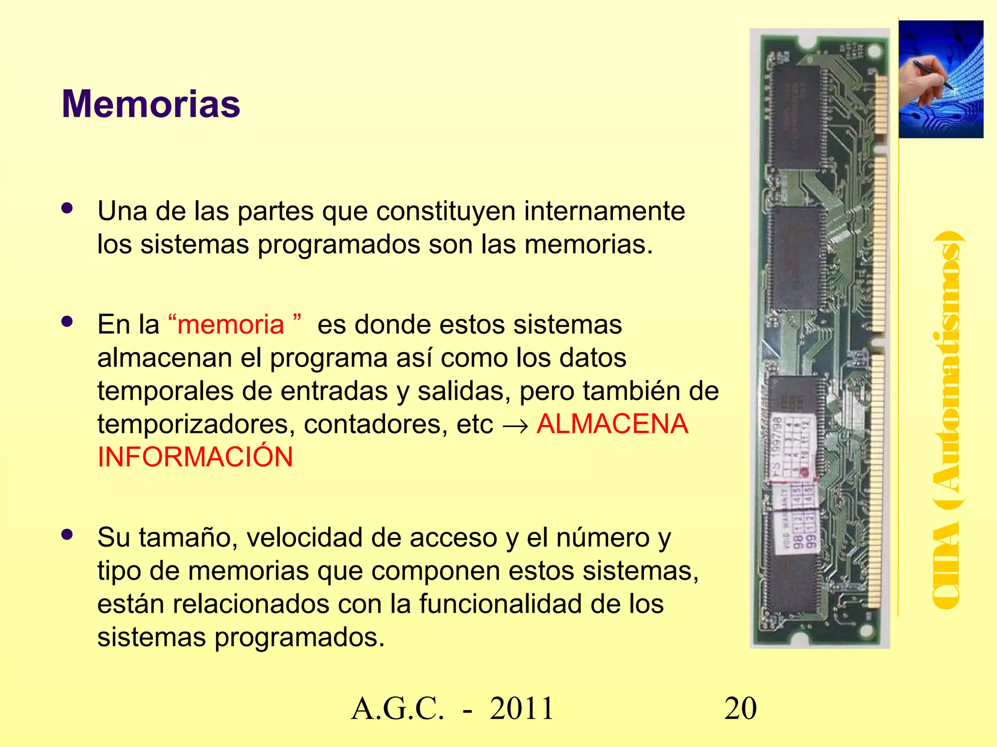 Lazo cerrado
 INFORMACIÓN                                           ÓRDENES DE
   DE SALIDA                                              ENTRADA



                         USUARIO




                                                                    CIDA (Automatismos)
                  Percepción que el usuario
                    tiene de la instalación


                         SISTEMA
                        DE CONTROL




ACTUADORES                                             SENSORES




                       INSTALACIÓN




        Entrada                               Salida
                                  Sist.



                  www.secciona2.tk (2012) 20
 