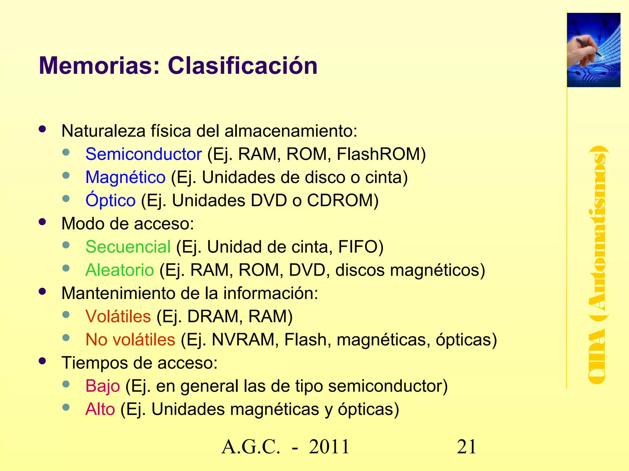 Lazo abierto - Lazo cerrado

   La instalación de la calefacción de una sala de reuniones
    está programada para mantener una temperatura ambiente




                                                                   CIDA (Automatismos)
    de 20°C. En una reunión se concentran numerosas
    personas.
   En un control en lazo abierto (calefactor con termostato) la
    temperatura de salida del calefactor sería de 20 ºC, pero la
    afluencia de personas podría aumentar la temperatura otros
    5° creando un ambiente más caluroso. En un sistema de
    control en lazo cerrado, el aumento de temperatura debido
    al calor humano se recogería por un sensor de temperatura
    que sería procesado por el controlador y desconectaría el
    calefactor, manteniendo la temperatura previamente
    programada de 20 °C.


                        www.secciona2.tk (2012) 21
 