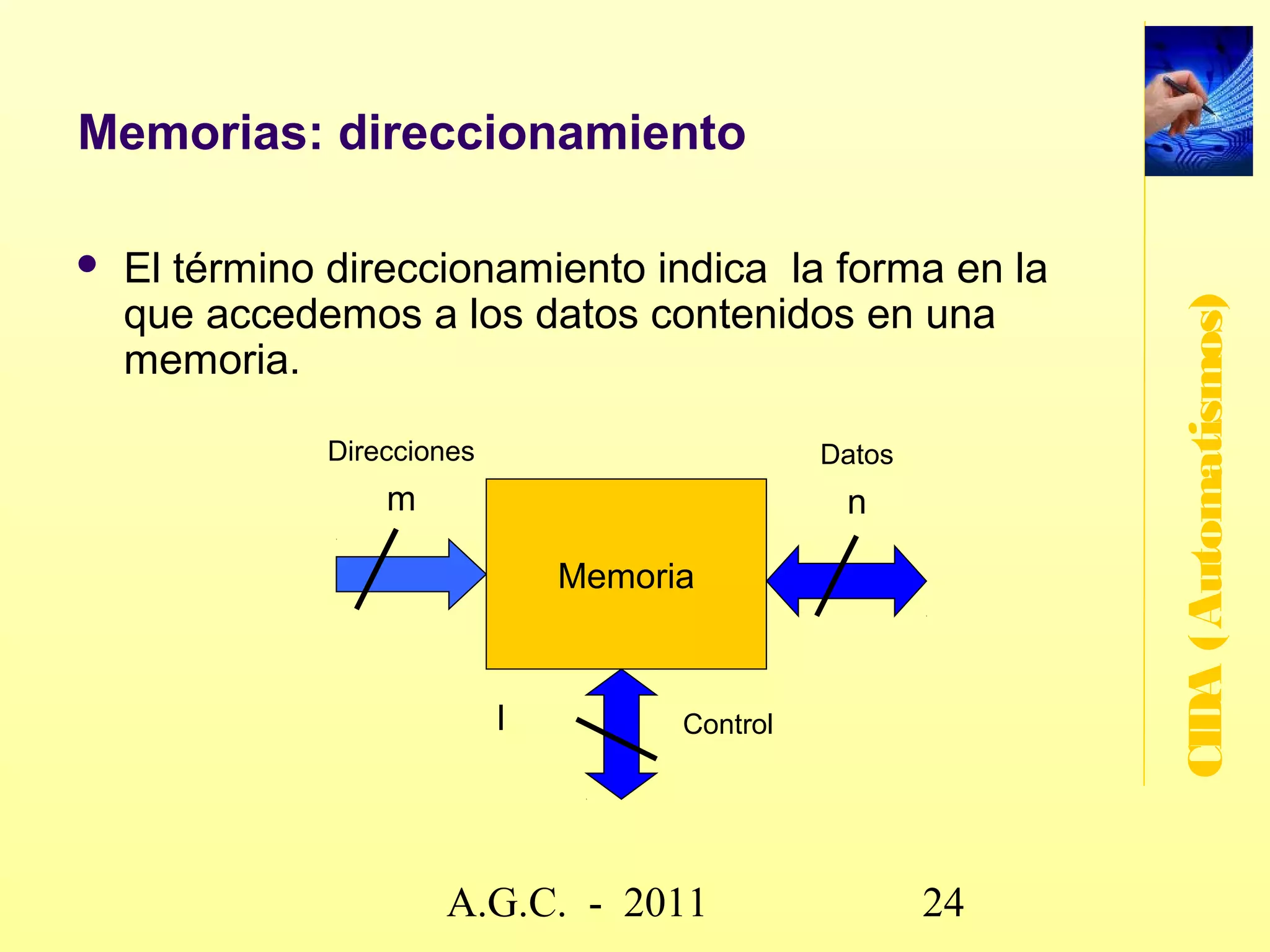 Señales analógicas
   Ej.: Algunos balastos electrónicos para fluorescencia
    permiten la regulación del nivel de iluminación mediante una
    entrada analógica de 1-10V. El encencido de los




                                                                   CIDA (Automatismos)
    fluorescentes es proporcional a la tensión proporcionada en
    esta entrada.




                        www.secciona2.tk (2012) 24
 