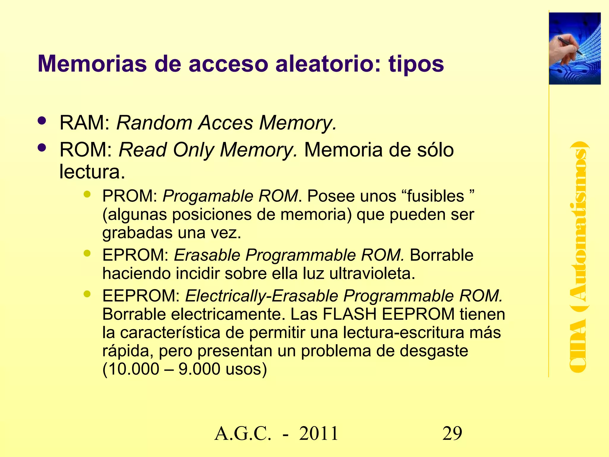 Características generales de un sistema domótico
   Flexibilidad. Un sistema para la gestión técnica de los
    edificios debe posibilitar la adaptación de la instalación a las
    necesidades futuras.




                                                                       CIDA (Automatismos)
   Modularidad. Para evitar que el mal funcionamiento de una
    parte de la instalación afecte a toda ella, es necesario una
    concepción del sistema modular.

   Facilidad de utilización. El sistema debe estar adaptado a
    cada usuario. ¡¡ MUY IMPORTANTE !!

   Debe ser Integral. Un sistema de gestión debe ser capaz de
    implicar a diferentes componentes o equipos pertenecientes
    a diferentes áreas de la gestión del edificio, permitiendo el
    intercambio de información entre ellos y con el exterior.



                         www.secciona2.tk (2012) 29
 