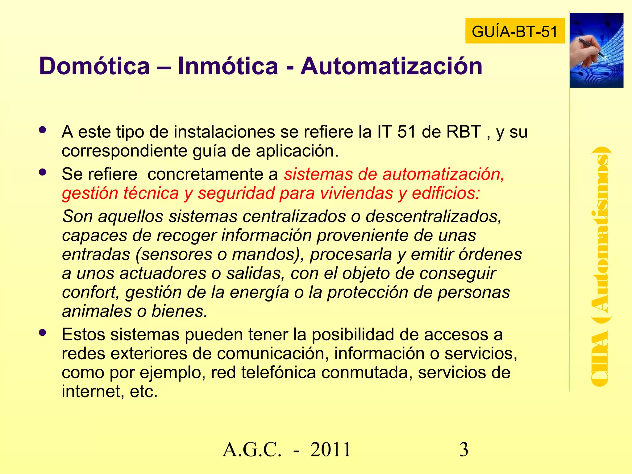 Automatismos - tecnologías

   Mecánicos: Construidos a base de ruedas




                                                         CIDA (Automatismos)
    dentadas, poleas, levas, cremalleras, poleas, etc.
   Neumáticos: cilindros, válvulas.
   Hidráulicos: cilindros, válvulas.
   Eléctricos: relés, contactores.
   Electrónicos: procesadores, autómatas




                     www.secciona2.tk (2012) 3
 