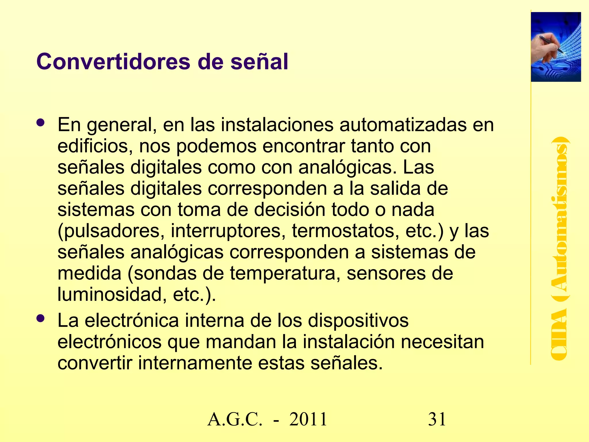 Marco normativo                                                                                                NORMATIVA:
                                                                                                               Es de ámbito
                                                                                                                voluntario
                                                                                                               Sirve para
 Serie normas
                                                                                                                certificar
                           Serie normas                  Serie Normas
  Serie normas              Serie normas                  Serie Normas                                          instalaciones y
 EN 50090                  EN/ISO 16484                  prEN14908
  EN 50090                  EN/ISO 16484                  prEN14908                                             productos.
  Home and
    Home and
                           Building
                            Building
                                                         Opendata
                                                           Opendata                       PROYECTO
                                                                                                               Garantiza la
 Building                  Automation and                Communication                     PROYECTO             conformidad
   Building                 Automation and                 Communication                 SMART HOUSE
 Electronic                Control                       in Building                      SMART HOUSE
                                                                                                                Europea.




                                                                                                                                  CIDA (Automatismos)
   Electronic               Control                        in Building
 systems                          Systems                Atomation
   systems                          Systems                Atomation                                           Aporta valor
 (HBES)                    (BACS)
   (HBES)                   (BACS)
                                                                                                                añadido




                                                                           Guía de aplicación
                                                                             Guía de aplicación
                                                                                                        LEGISLACIÓN :
                                                                           ITC-BT 51
                                                                             ITC-BT 51                  Ámbito OBLIGATORIO
  DIRECTIVAS
   DIRECTIVAS
                                    REGLAMENTOS
                                     REGLAMENTOS
                                                                                                        -   Directivas, Reglamentos
  EUROPEAS                          NACIONALES
   EUROPEAS                          NACIONALES                                                         -   La Comisión Europea
                                    ICT                                                                     elabora las Directivas y
  BT 73/23/CEE                        ICT
    BT 73/23/CEE
  Baja Tensión:                     REBT                                                                    los países las trasponen
    Baja Tensión:                     REBT
  -seguridad eléctrica              -ITC-BT 51                                                              a legislación nacional
    -seguridad eléctrica              -ITC-BT 51
                                    “Instalaciones de                                                   -   Legislación nacional
                                      “Instalaciones de
                                    sistemas de
  CEM 89/336/CEE
    CEM 89/336/CEE                    sistemas de                                                           propia.
  Compatibilidad                    automatización,
    Compatibilidad                    automatización,                                                   -   Marcado CE
  Electromagnética:                 gestión técnica de la
    Electromagnética:                 gestión técnica de la
  -perturbaciones                   energía y seguridad
    -perturbaciones                   energía y seguridad
  electromagnéticas                 para viviendas y
    electromagnéticas                 para viviendas y
                                    edificios
                                      edificios


                                                  www.secciona2.tk (2012) 31
 