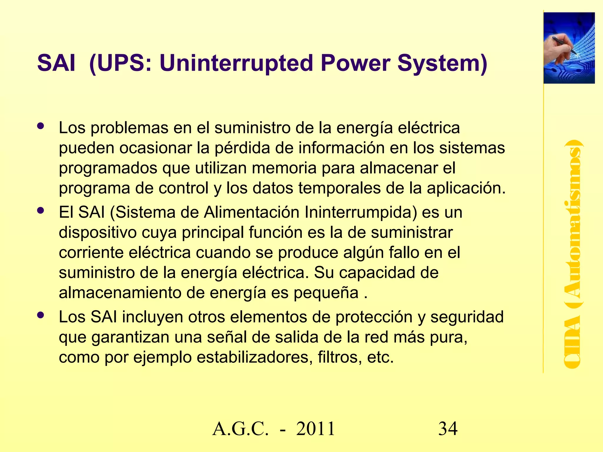 GUÍA-BT-51

Terminología
   BUS (Binary Unit System): Línea de intercambio de datos a la que
    se pueden conectar gran cantidad de componentes, permitiendo la
    comunicación entre éstos.




                                                                              CIDA (Automatismos)
   Pasarela residencial (Residential Gateway): Elemento de conexión
    entre diferentes redes, adaptando y traduciendo diferentes
    protocolos.
   Punto de acceso de usuario (PAU): elemento en el que comienza
    la red interior de telecomunicación del domicilio del usuario.
   Protocolo: lenguaje de comunicación entre periféricos con objeto
    de establecer la transmisión de daors con un sistema central o
    entre sí, de forma ordenada.
   Radiofrecuencia (RF): Transmisión de señal sin requerir de un
    medio físico, ni de alineación libre de obstáculos entre ele emisor y
    el receptor, general de frecuencia comprendida entre 3KHz y
    3GHz.
   Topología: término utilizado para definir la estructura de la red y la
    configuración del sistema.

                            www.secciona2.tk (2012) 34
 