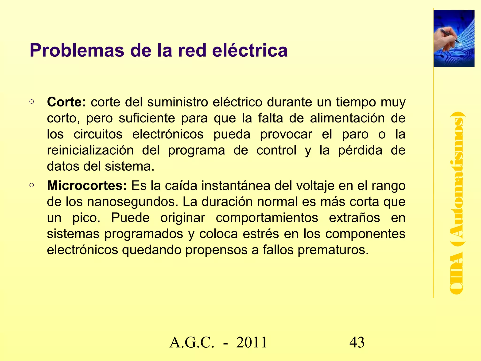 Topologías de red: ANILLO
   En un sistema configurado en anillo todos los componentes del
    sistema se interconectan formando un anillo,.Este sistema es el
    menos utilizado en sistemas de automatización de edificios, ya que




                                                                          CIDA (Automatismos)
    su principal inconveniente es el mal funcionamiento de toda la
    instalación en el momento en que un componente del sistema deja
    de funcionar.
   La línea de transmisión es unidireccional, ya que los datos que se
    transmiten a la red van viajando de nodo a nodo en un único
    sentido.
   Esta topología presenta la ventaja de que el control del sistema es
    sencillo.
   Pero presenta los siguientes inconvenientes:
     Es una topología muy vulnerable a fallos.
     Es necesaria la utilización de un cable de longitud mayor que la
        topología de bus.
     Añadir nodos es más complicado y hay que interrumpir el
        funcionamiento de la red.

                          www.secciona2.tk (2012) 43
 