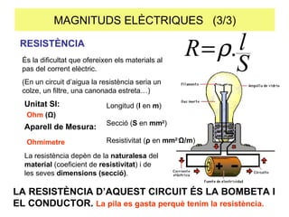 MAGNITUDS ELÈCTRIQUES  (3/3) RESISTÈNCIA És la dificultat que ofereixen els materials al pas del corrent elèctric. (En un circuit d’aigua la resistència seria un colze, un filtre, una canonada estreta…) Ohm  ( Ω ) Unitat SI: LA RESISTÈNCIA D’AQUEST CIRCUIT ÉS LA BOMBETA I EL CONDUCTOR.  La pila es gasta perquè tenim la resistència. Aparell de Mesura: Ohmímetre La resistència depèn de la  naturalesa  del  material  (coeficient de  resistivitat ) i de les seves  dimensions (secció) . Longitud ( l  en  m ) Secció ( S  en  mm 2 ) Resistivitat ( ρ  en  mm 2· Ω /m ) 