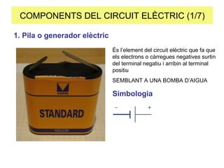 COMPONENTS DEL CIRCUIT ELÈCTRIC (1/7) 1. Pila o generador  elèctric   És l’element del circuit elèctric que fa que els electrons o càrregues negatives surtin del terminal negatiu i arribin al terminal positiu SEMBLANT A UNA BOMBA D’AIGUA Simbologia 
