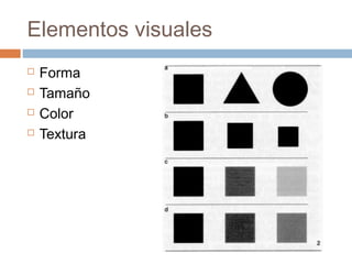 Elementos visuales
   Forma
   Tamaño
   Color
   Textura
 