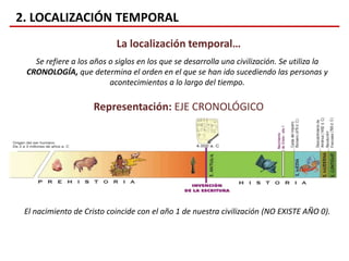 2. LOCALIZACIÓN TEMPORAL
La localización temporal…
Se refiere a los años o siglos en los que se desarrolla una civilización. Se utiliza la
CRONOLOGÍA, que determina el orden en el que se han ido sucediendo las personas y
acontecimientos a lo largo del tiempo.
Representación: EJE CRONOLÓGICO
El nacimiento de Cristo coincide con el año 1 de nuestra civilización (NO EXISTE AÑO 0).
 