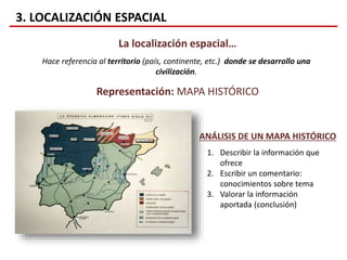 3. LOCALIZACIÓN ESPACIAL
La localización espacial…
Hace referencia al territorio (país, continente, etc.) donde se desarrollo una
civilización.
Representación: MAPA HISTÓRICO
ANÁLISIS DE UN MAPA HISTÓRICO
1. Describir la información que
ofrece
2. Escribir un comentario:
conocimientos sobre tema
3. Valorar la información
aportada (conclusión)
 