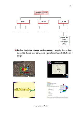 23 

 

                            SONIDO G suave 




           Con G                   Con GU                Con GÜ 




                                                        Cuando la U 
                                                          suena 
                                                        dentro de la 
                                                          sílaba. 



    12. En los siguientes enlaces puedes repasar y ampliar lo que has
      aprendido. Busca a un compañero-a para hacer las actividades en
      pareja.




                           Ana Quevedo Montes 

 
 