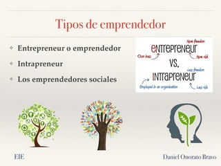 Tipos de emprendedor
❖ Entrepreneur o emprendedor
❖ Intrapreneur
❖ Los emprendedores sociales
Daniel Onorato Bravo
EIE
 