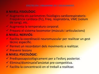 A NIVELL FISIOLÒGIC:
 Augmenta els paràmetres fisiològics cardiorespiratoris:
Freqüència cardíaca (Fc), Freq. respiratòria, VMC (volum
de sang), etc.
 Augmenta la temperatura corporal.
 Prepara el sistema locomotor (músculs i articulacions)
A NIVELL NERVIÓS:
 Facilita la coordinació neuromuscular per realitzar un gest
tècnic específic.
 Permet un recordatori dels moviments a realitzar.
 Prevenir lesions
A NIVELL PSICOLÒGIC:
 Predisposapsicològicament per a l’esforç posterior.
 Elimina/disminueixl’ansietat pre-competitiva.
 Facilita la concentració en el treball a realitzar.
EFECTES EN L´ORGANISME DE L´ESCALFAMENT:
 