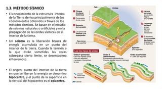 1.3. MÉTODO SÍSMICO
• El conocimiento de la estructura interna
de la Tierra deriva principalmente de los
conocimientos obtenidos a través de los
métodos sísmicos. Se basan en el estudio
de seísmos naturales o artificiales y en la
propagación de las ondas sísmicas en el
interior de la tierra.
• Un seísmo es la liberación brusca de
energía acumulada en un punto del
interior de la tierra. Cuando la tensión a
la que están sometidas las rocas
sobrepasa cierto límite, se desencadena
el terremoto.
• El origen, punto del interior de la tierra
en que se liberan la energía se denomina
hipocentro, y el punto de la superficie en
la vertical del hipocentro es el epicentro.
 