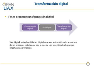 Transformación digital
• Fases proceso transformación digital
Competencia
digital
Uso digital
Transformación
digital
Uso digital: estas habilidades digitales se van automatizando a muchos
de los procesos cotidianos, por lo que su uso se extiende al proceso
enseñanza-aprendizaje.
 