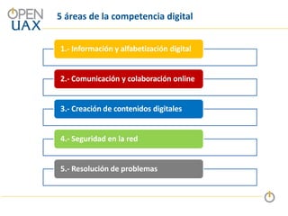 5 áreas de la competencia digital
1.- Información y alfabetización digital
2.- Comunicación y colaboración online
3.- Creación de contenidos digitales
4.- Seguridad en la red
5.- Resolución de problemas
 