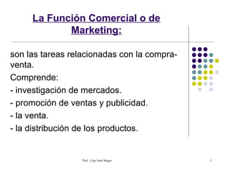 La Función Comercial o de
            Marketing:

son las tareas relacionadas con la compra-
venta.
Comprende:
- investigación de mercados.
- promoción de ventas y publicidad.
- la venta.
- la distribución de los productos.


                  Prof. Caty Soto Magro      5
 