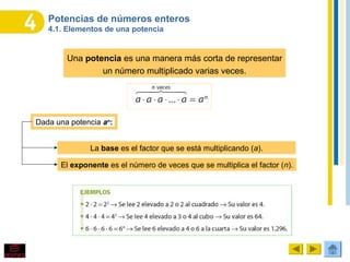 Potencias de números enteros
4.1. Elementos de una potencia
Una potencia es una manera más corta de representar
un número multiplicado varias veces.
Dada una potencia an
:
La base es el factor que se está multiplicando (a).
El exponente es el número de veces que se multiplica el factor (n).
 