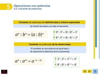 Operaciones con potencias
5.2. Cociente de potencias
Se dividen las bases y se deja el exponente.
Cociente de potencias de distinta base y mismo exponente
Cociente de potencias de la misma base.
El resultado es otra potencia de igual base y
de exponente la diferencia de los exponentes.
 