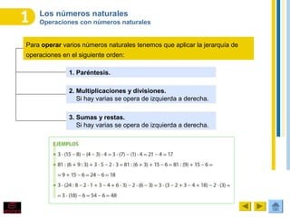 Los números naturales
Operaciones con números naturales
Para operar varios números naturales tenemos que aplicar la jerarquía de
operaciones en el siguiente orden:
3. Sumas y restas.
Si hay varias se opera de izquierda a derecha.
1. Paréntesis.
2. Multiplicaciones y divisiones.
Si hay varias se opera de izquierda a derecha.
 