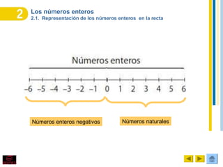 Los números enteros
2.1. Representación de los números enteros en la recta
Números enteros negativos Números naturales
 