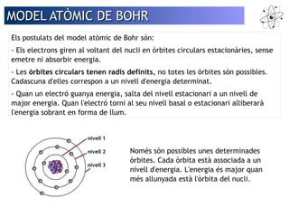 MMOODDEELL AATTÒÒMMIICC DDEE BBOOHHRR 
Els postulats del model atòmic de Bohr són: 
- Els electrons giren al voltant del nucli en òrbites circulars estacionàries, sense 
emetre ni absorbir energia. 
- Les òrbites circulars tenen radis definits, no totes les òrbites són possibles. 
Cadascuna d'elles correspon a un nivell d'energia determinat. 
- Quan un electró guanya energia, salta del nivell estacionari a un nivell de 
major energia. Quan l'electró torni al seu nivell basal o estacionari alliberarà 
l'energia sobrant en forma de llum. 
Només són possibles unes determinades 
òrbites. Cada òrbita està associada a un 
nivell d'energia. L'energia és major quan 
més allunyada està l'òrbita del nucli. 
 