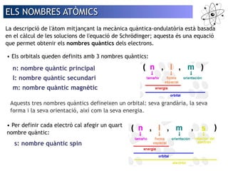EELLSS NNOOMMBBRREESS AATTÒÒMMIICCSS 
La descripció de l'àtom mitjançant la mecànica quàntica-ondulatòria està basada 
en el càlcul de les solucions de l'equació de Schrödinger; aquesta és una equació 
que permet obtenir els nombres quàntics dels electrons. 
• Els orbitals queden definits amb 3 nombres quàntics: 
n: nombre quàntic principal 
l: nombre quàntic secundari 
m: nombre quàntic magnètic 
Aquests tres nombres quàntics defineixen un orbital: seva grandària, la seva 
forma i la seva orientació, així com la seva energia. 
• Per definir cada electró cal afegir un quart 
nombre quàntic: 
s: nombre quàntic spin 
 