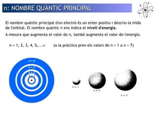 n: NOMBRE QQUUÀÀNNTTIICC PPRRIINNCCIIPPAALL 
El nombre quàntic principal d'un electró és un enter positiu i descriu la mida 
de l'orbital. El nombre quàntic n ens indica el nivell d'energia. 
A mesura que augmenta el valor de n, també augmenta el valor de l'energia. 
n = 1, 2, 3, 4, 5,...∞ (a la pràctica pren els valors de n = 1 a n = 7) 
 