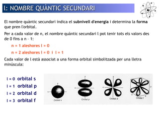 l: NNOOMMBBRREE QQUUÀÀNNTTIICC SSEECCUUNNDDAARRII 
El nombre quàntic secundari indica el subnivell d'energia i determina la forma 
que pren l'orbital. 
Per a cada valor de n, el nombre quàntic secundari l pot tenir tots els valors des 
de 0 fins a n – 1: 
n = 1 aleshores l = 0 
n = 2 aleshores l = 0 i l = 1 
Cada valor de l està associat a una forma orbital simbolitzada per una lletra 
minúscula: 
l = 0 orbital s 
l = 1 orbital p 
l = 2 orbital d 
l = 3 orbital f 
 