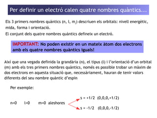 QUATRE Per definir un NOMBRES electró calen QUÀNTICS 
quatre nombres quàntics... 
Els 3 primers nombres quàntics (n, l, m) descriuen els orbitals: nivell energètic, 
lmida, forma i orientació. 
El conjunt dels quatre nombres quàntics defineix un electró. 
IMPORTANT: No poden existir en un mateix àtom dos electrons 
amb els quatre nombres quàntics iguals! 
Així que una vegada definida la grandària (n), el tipus (l) i l’orientació d’un orbital 
(m) amb els tres primers nombres quàntics, només es possible trobar un màxim de 
dos electrons en aquesta situació que, necessàriament, hauran de tenir valors 
diferents del seu nombre quàntic d’espin 
Per exemple: 
s = +1/2 (0,0,0,+1/2) 
n=0 l=0 m=0 aleshores 
s = -1/2 (0,0,0,-1/2) 
 
