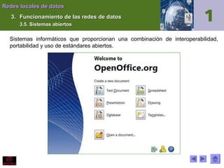 Redes locales de datos
3. Funcionamiento de las redes de datos
3.5. Sistemas abiertos

Sistemas informáticos que proporcionan una combinación de interoperabilidad,
portabilidad y uso de estándares abiertos.

 