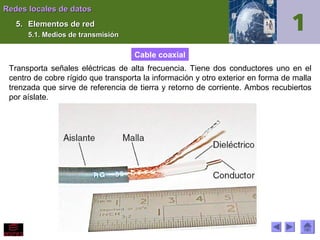 Redes locales de datos
5. Elementos de red
5.1. Medios de transmisión

Cable coaxial
Transporta señales eléctricas de alta frecuencia. Tiene dos conductores uno en el
centro de cobre rígido que transporta la información y otro exterior en forma de malla
trenzada que sirve de referencia de tierra y retorno de corriente. Ambos recubiertos
por aíslate.

 