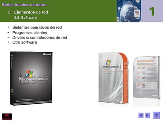 Redes locales de datos
5. Elementos de red
5.5. Software

•
•
•
•

Sistemas operativos de red
Programas clientes
Drivers o controladores de red
Otro software

 