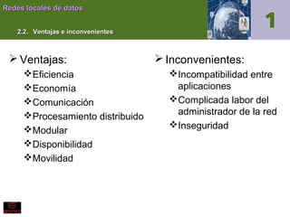 Redes locales de datos
2.2. Ventajas e inconvenientes

 Ventajas:
Eficiencia
Economía
Comunicación
Procesamiento distribuido
Modular
Disponibilidad
Movilidad

 Inconvenientes:
Incompatibilidad entre
aplicaciones
Complicada labor del
administrador de la red
Inseguridad

 