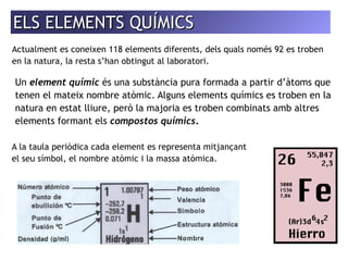 EELLSS EELLEEMMEENNTTSS QQUUÍÍMMIICCSS 
Actualment es coneixen 118 elements diferents, dels quals només 92 es troben 
en la natura, la resta s’han obtingut al laboratori. 
Un element químic és una substància pura formada a partir d’àtoms que 
tenen el mateix nombre atòmic. Alguns elements químics es troben en la 
natura en estat lliure, però la majoria es troben combinats amb altres 
elements formant els compostos químics. 
A la taula periòdica cada element es representa mitjançant 
el seu símbol, el nombre atòmic i la massa atòmica. 
 