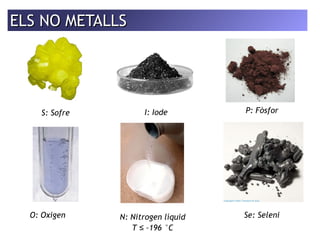 EELLSS NNOO MMEETTAALLLLSS 
S: Sofre I: Iode 
O: Oxigen Se: Seleni 
N: Nitrogen líquid 
T ≤ –196 °C 
P: Fòsfor 
 