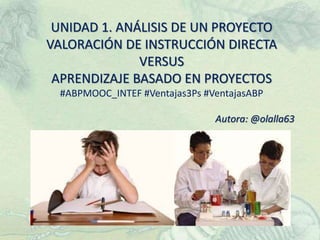 UNIDAD 1. ANÁLISIS DE UN PROYECTO
VALORACIÓN DE INSTRUCCIÓN DIRECTA
VERSUS
APRENDIZAJE BASADO EN PROYECTOS
#ABPMOOC_INTEF #Ventajas3Ps #VentajasABP
Autora: @olalla63
 