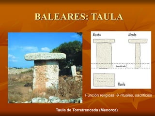BALEARES: TAULA 
Taula de Torretrencada (Menorca) 
Función religiosa  rituales, sacrificios  