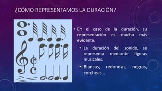 ¿CÓMO REPRESENTAMOS LA DURACIÓN? 
• En el caso de la duración, su 
representación es mucho más 
evidente. 
• La duración del sonido, se 
representa mediante figuras 
musicales. 
• Blancas, redondas, negras, 
corcheas… 
