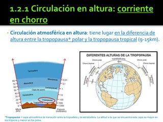 • Circulación atmosférica en altura: tiene lugar en la diferencia de
altura entre la tropopausa* polar y la tropopausa tropical (9-15km).
*Tropopausa = capa atmosférica de transición entre la troposfera y la estratosfera. La altitud a la que se encuentra esta capa es mayor en
los trópicos y menor en los polos.
 