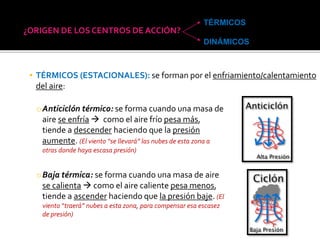 ¿ORIGEN DE LOS CENTROS DE ACCIÓN?
▪ TÉRMICOS (ESTACIONALES): se forman por el enfriamiento/calentamiento
del aire:
oAnticiclón térmico: se forma cuando una masa de
aire se enfría  como el aire frío pesa más,
tiende a descender haciendo que la presión
aumente. (El viento “se llevará” las nubes de esta zona a
otras donde haya escasa presión)
oBaja térmica: se forma cuando una masa de aire
se calienta  como el aire caliente pesa menos,
tiende a ascender haciendo que la presión baje. (El
viento “traerá” nubes a esta zona, para compensar esa escasez
de presión)
TÉRMICOS
DINÁMICOS
 
