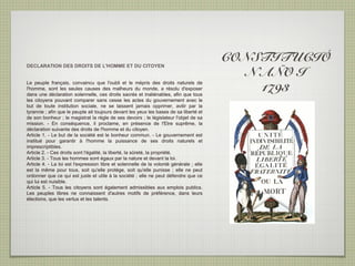 CONSTITUCIÓ
DECLARATION DES DROITS DE L'HOMME ET DU CITOYEN
                                                                                            N AÑO I
                                                                                              1793
Le peuple français, convaincu que l'oubli et le mépris des droits naturels de
l'homme, sont les seules causes des malheurs du monde, a résolu d'exposer
dans une déclaration solennelle, ces droits sacrés et inaliénables, afin que tous
les citoyens pouvant comparer sans cesse les actes du gouvernement avec le
but de toute institution sociale, ne se laissent jamais opprimer, avilir par la
tyrannie ; afin que le peuple ait toujours devant les yeux les bases de sa liberté et
de son bonheur ; le magistrat la règle de ses devoirs ; le législateur l'objet de sa
mission. - En conséquence, il proclame, en présence de l'Etre suprême, la
déclaration suivante des droits de l'homme et du citoyen.
Article 1. - Le but de la société est le bonheur commun. - Le gouvernement est
institué pour garantir à l'homme la puissance de ses droits naturels et
imprescriptibles.
Article 2. - Ces droits sont l'égalité, la liberté, la sûreté, la propriété.
Article 3. - Tous les hommes sont égaux par la nature et devant la loi.
Article 4. - La loi est l'expression libre et solennelle de la volonté générale ; elle
est la même pour tous, soit qu'elle protège, soit qu'elle punisse ; elle ne peut
ordonner que ce qui est juste et utile à la société ; elle ne peut défendre que ce
qui lui est nuisible.
Article 5. - Tous les citoyens sont également admissibles aux emplois publics.
Les peuples libres ne connaissent d'autres motifs de préférence, dans leurs
élections, que les vertus et les talents.
 