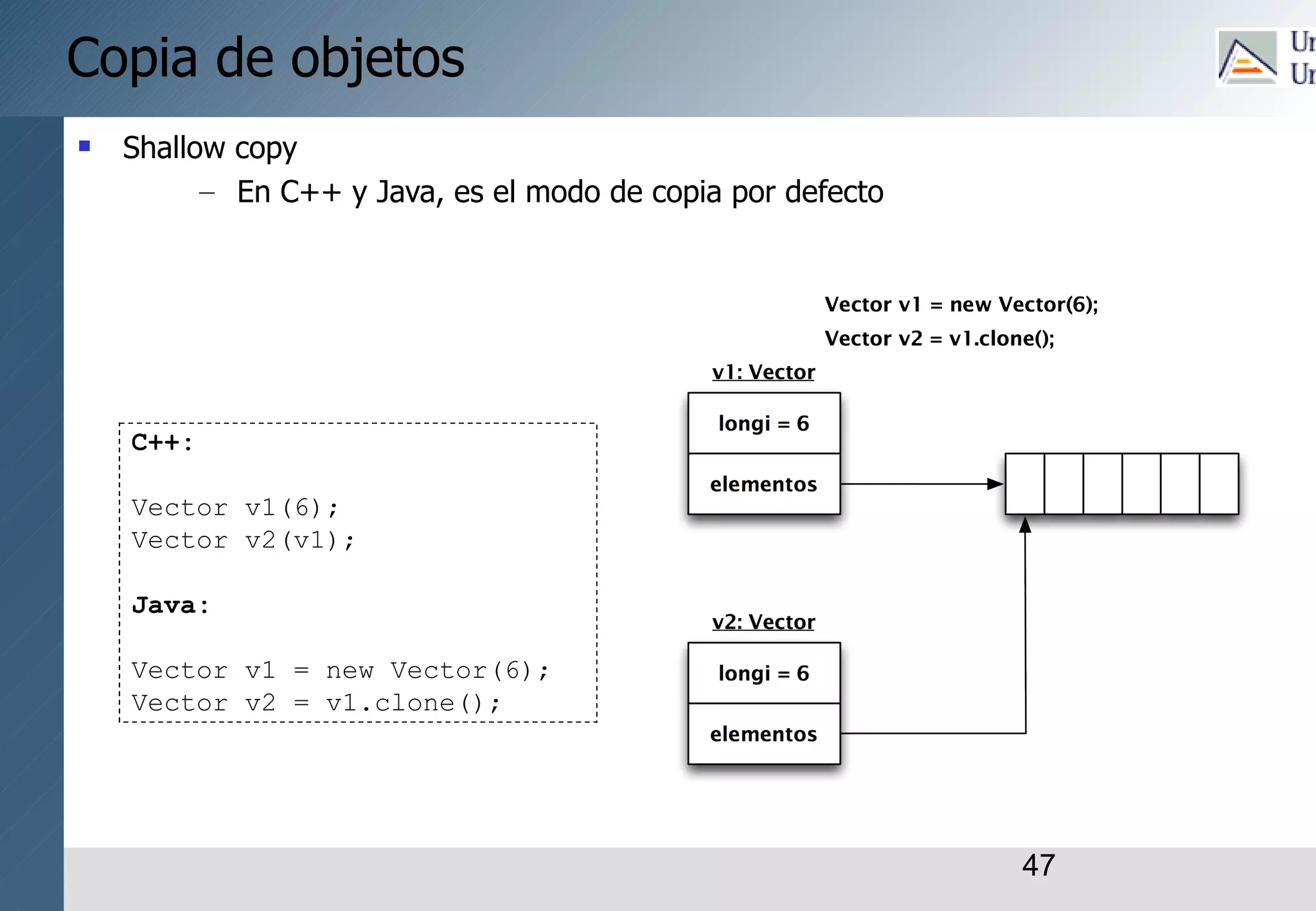 47
Copia de objetos
 Shallow copy
– En C++ y Java, es el modo de copia por defecto
C++:
Vector v1(6);
Vector v2(v1);
Java:
Vector v1 = new Vector(6);
Vector v2 = v1.clone();
 