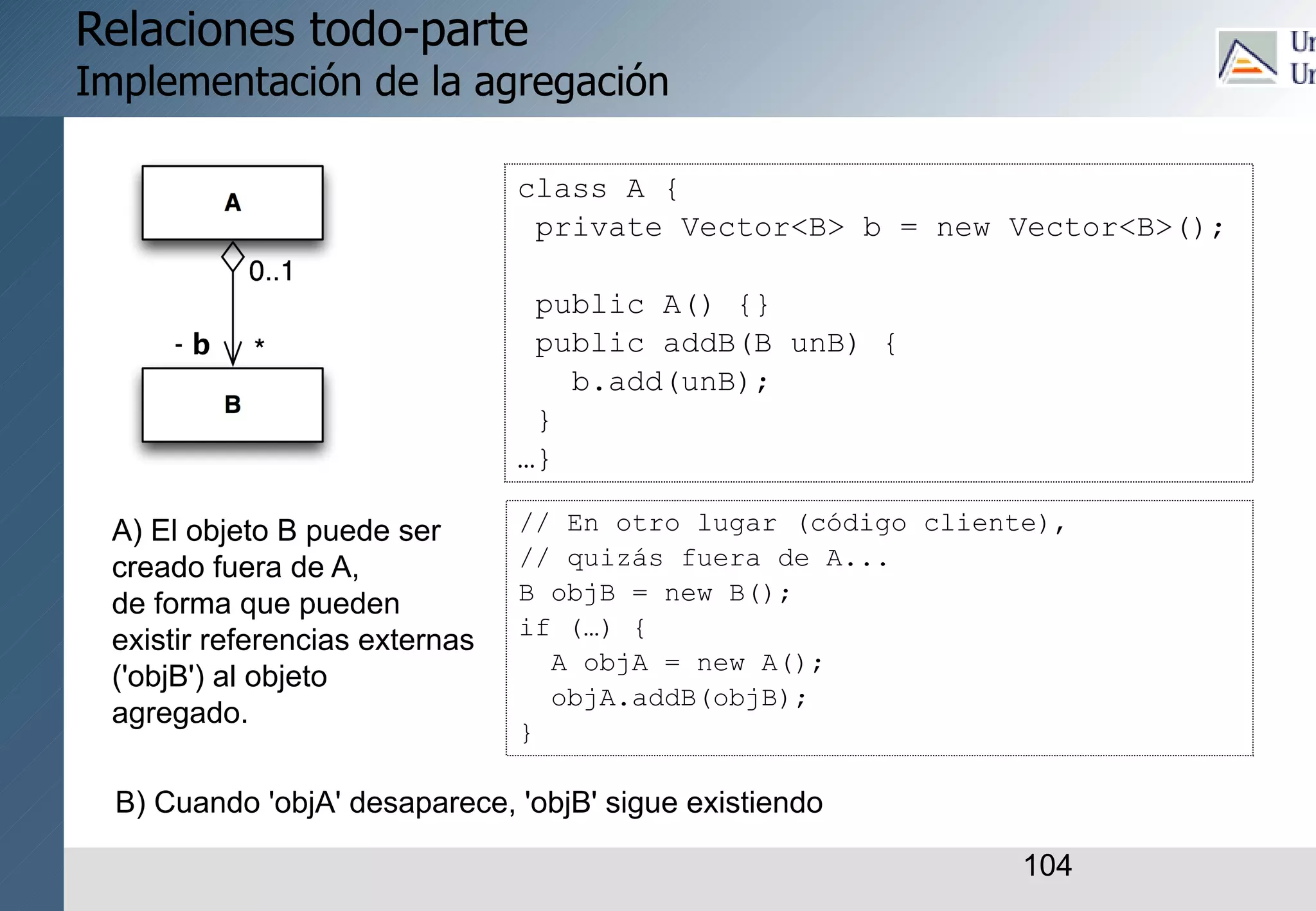 104
Relaciones todo-parte
Implementación de la agregación
class A {
private Vector<B> b = new Vector<B>();
public A() {}
public addB(B unB) {
b.add(unB);
}
…}
// En otro lugar (código cliente),
// quizás fuera de A...
B objB = new B();
if (…) {
A objA = new A();
objA.addB(objB);
}
B) Cuando 'objA' desaparece, 'objB' sigue existiendo
A) El objeto B puede ser
creado fuera de A,
de forma que pueden
existir referencias externas
('objB') al objeto
agregado.
 