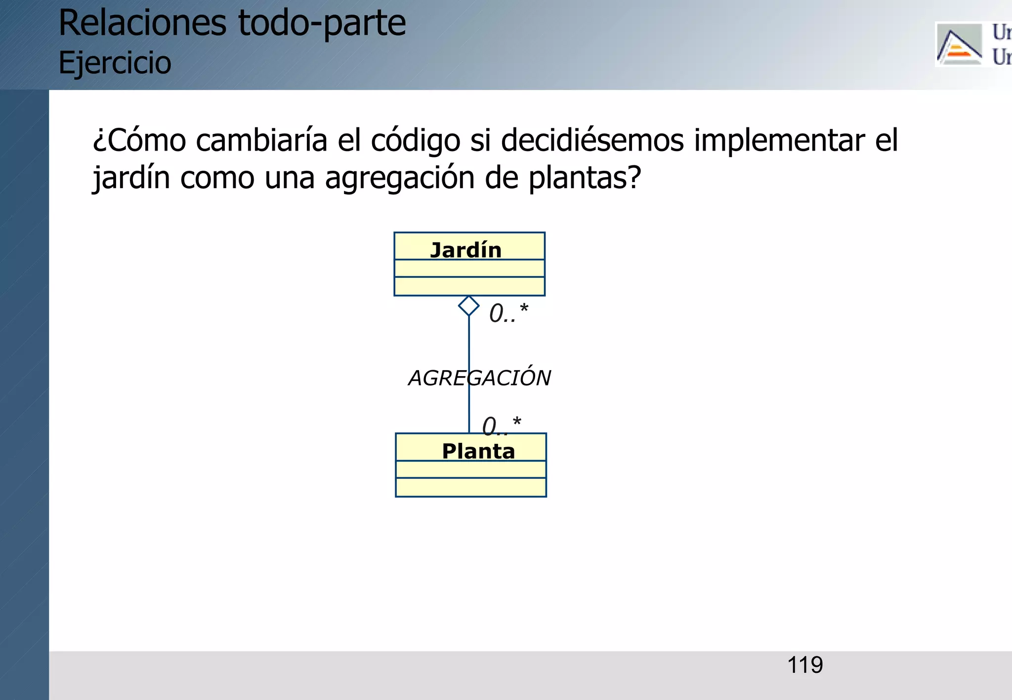 119
AGREGACIÓN
Jardín
Planta
0..*
0..*
Relaciones todo-parte
Ejercicio
¿Cómo cambiaría el código si decidiésemos implementar el
jardín como una agregación de plantas?
 
